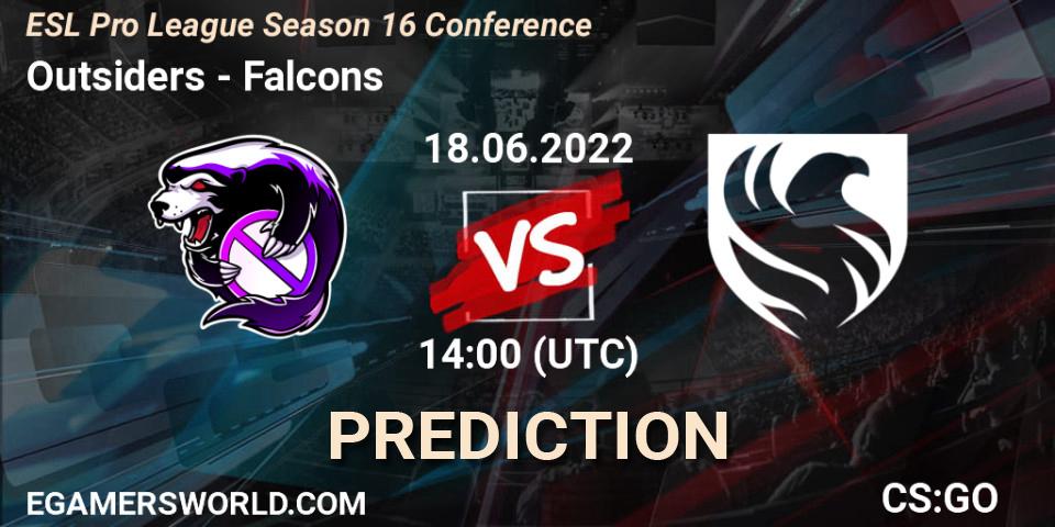 Outsiders проти Falcons: Поради щодо ставок, прогнози на матчі. 18.06.2022 at 14:00. Counter-Strike (CS2), ESL Pro League Season 16 Conference