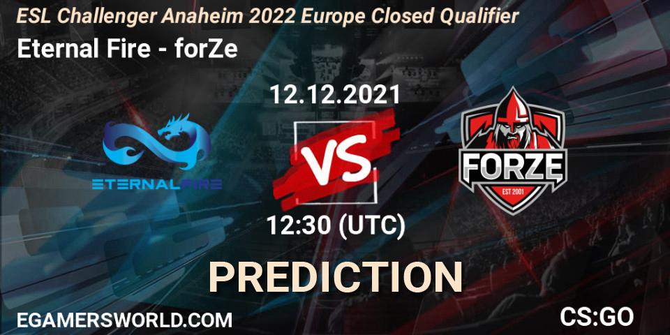 Eternal Fire проти forZe: Поради щодо ставок, прогнози на матчі. 12.12.2021 at 11:30. Counter-Strike (CS2), ESL Challenger Anaheim 2022 Europe Closed Qualifier
