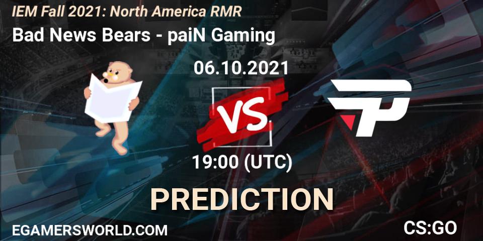 Bad News Bears проти paiN Gaming: Поради щодо ставок, прогнози на матчі. 06.10.2021 at 19:00. Counter-Strike (CS2), IEM Fall 2021: North America RMR