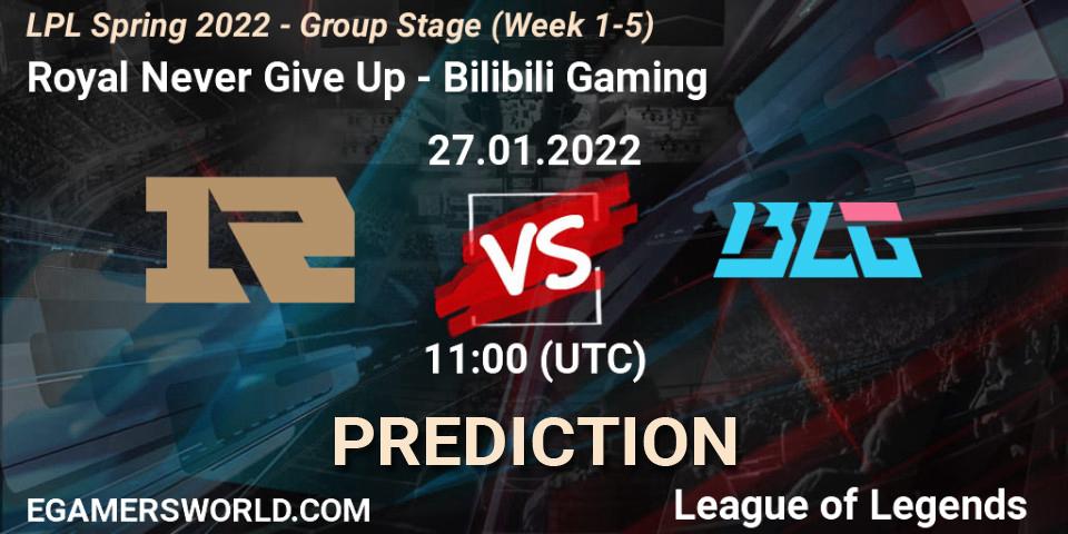 Royal Never Give Up проти Bilibili Gaming: Поради щодо ставок, прогнози на матчі. 27.01.2022 at 11:00. LoL, LPL Spring 2022 - Group Stage (Week 1-5)