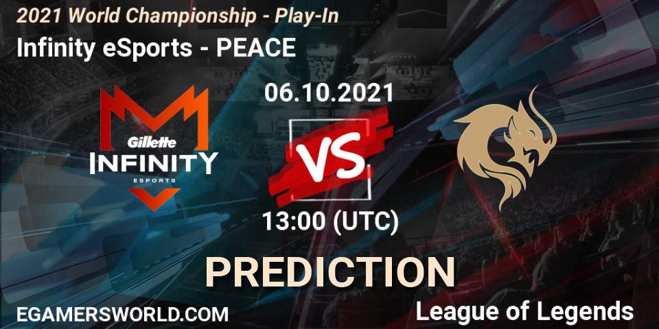Infinity eSports проти PEACE: Поради щодо ставок, прогнози на матчі. 06.10.2021 at 12:50. LoL, 2021 World Championship - Play-In
