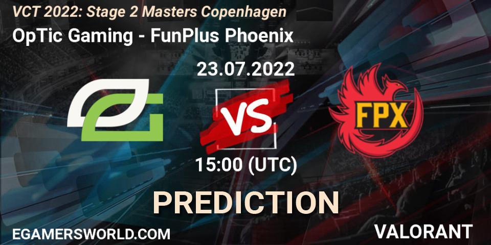 OpTic Gaming проти FunPlus Phoenix: Поради щодо ставок, прогнози на матчі. 23.07.2022 at 15:15. VALORANT, VCT 2022: Stage 2 Masters Copenhagen