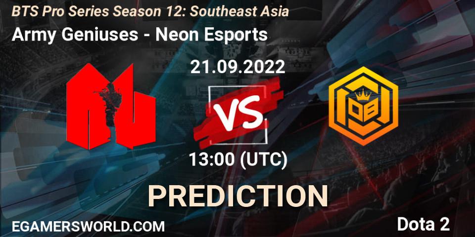 Army Geniuses проти Neon Esports: Поради щодо ставок, прогнози на матчі. 21.09.2022 at 12:58. Dota 2, BTS Pro Series Season 12: Southeast Asia