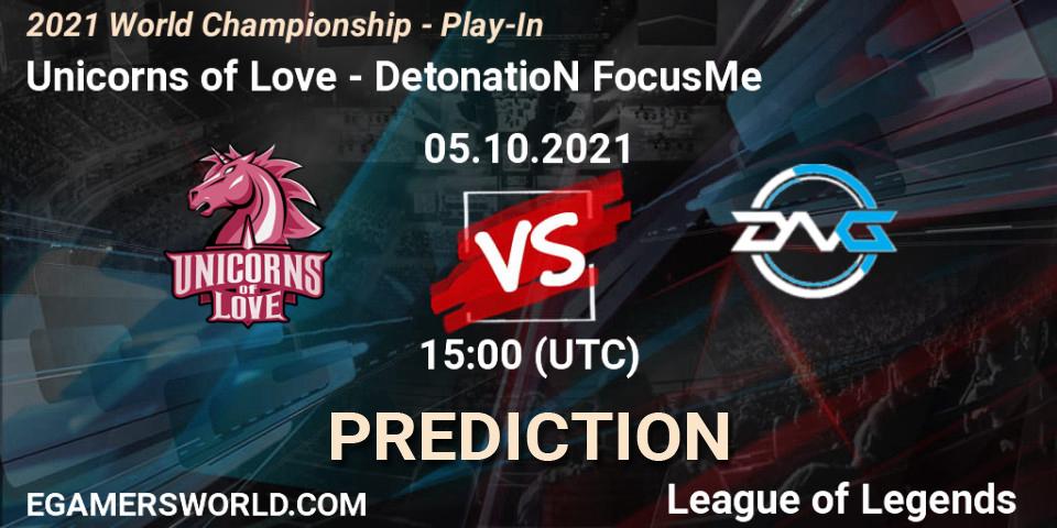 Unicorns of Love проти DetonatioN FocusMe: Поради щодо ставок, прогнози на матчі. 05.10.2021 at 15:10. LoL, 2021 World Championship - Play-In