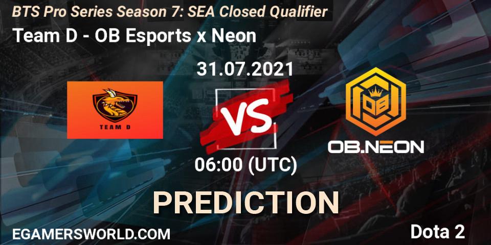 Team D проти OB Esports x Neon: Поради щодо ставок, прогнози на матчі. 31.07.2021 at 08:12. Dota 2, BTS Pro Series Season 7: SEA Closed Qualifier