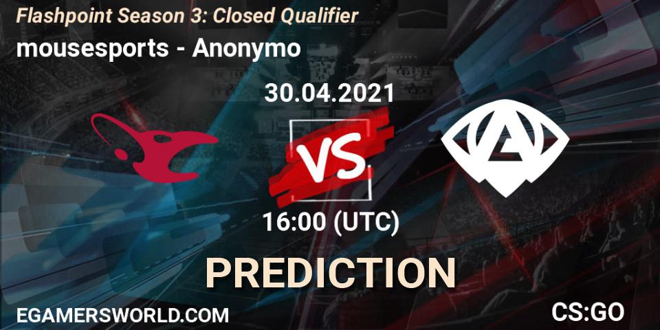 mousesports проти Anonymo: Поради щодо ставок, прогнози на матчі. 30.04.2021 at 13:00. Counter-Strike (CS2), Flashpoint Season 3: Closed Qualifier