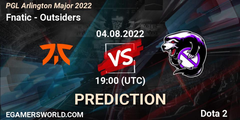Fnatic проти Outsiders: Поради щодо ставок, прогнози на матчі. 04.08.2022 at 19:37. Dota 2, PGL Arlington Major 2022 - Group Stage