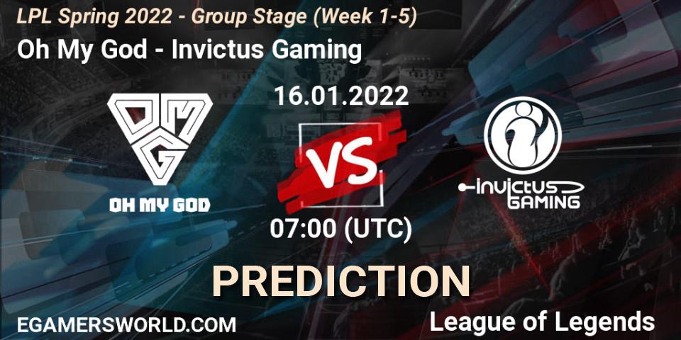 Oh My God проти Invictus Gaming: Поради щодо ставок, прогнози на матчі. 16.01.2022 at 07:00. LoL, LPL Spring 2022 - Group Stage (Week 1-5)
