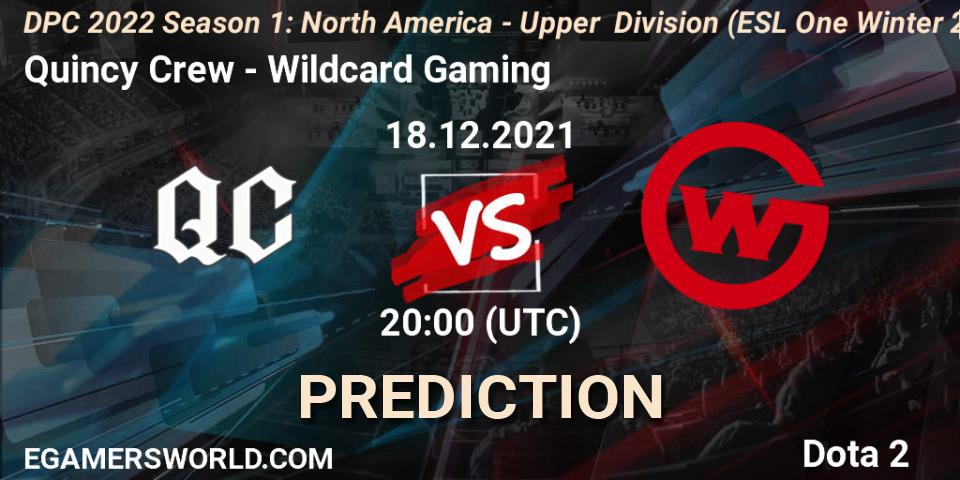 Quincy Crew проти Wildcard Gaming: Поради щодо ставок, прогнози на матчі. 18.12.2021 at 20:02. Dota 2, DPC 2022 Season 1: North America - Upper Division (ESL One Winter 2021)