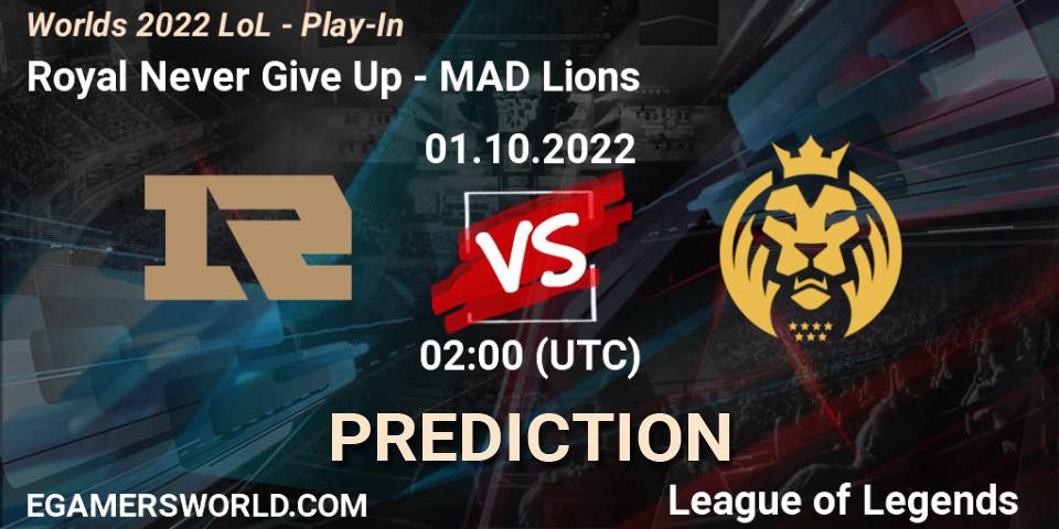 Royal Never Give Up проти MAD Lions: Поради щодо ставок, прогнози на матчі. 01.10.2022 at 02:30. LoL, Worlds 2022 LoL - Play-In