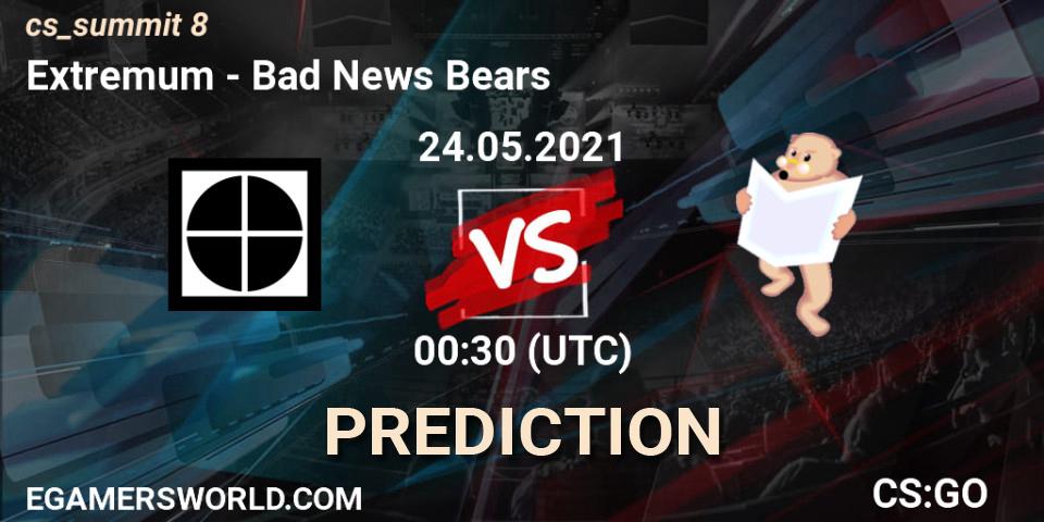 Extremum проти Bad News Bears: Поради щодо ставок, прогнози на матчі. 24.05.2021 at 00:30. Counter-Strike (CS2), cs_summit 8