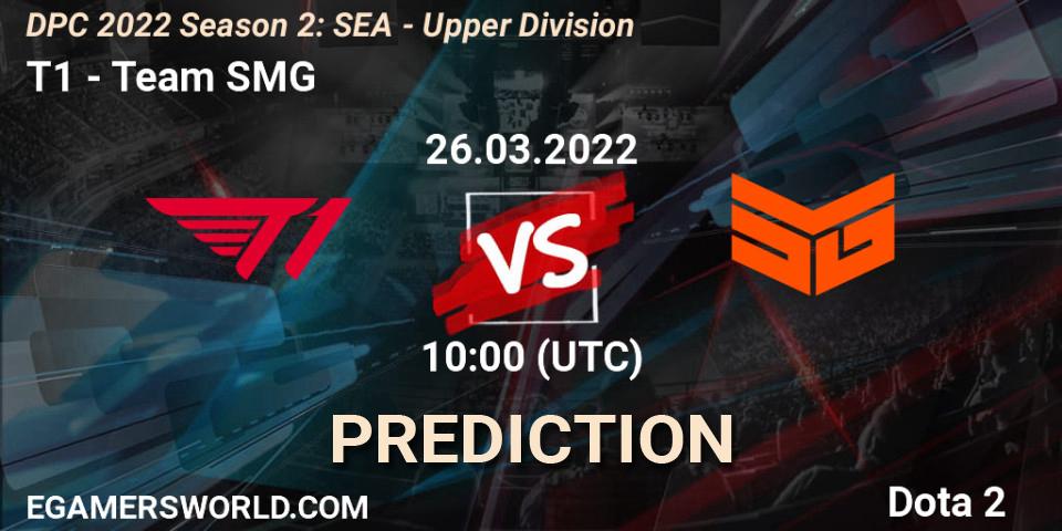 T1 проти Team SMG: Поради щодо ставок, прогнози на матчі. 26.03.2022 at 10:24. Dota 2, DPC 2021/2022 Tour 2 (Season 2): SEA Division I (Upper)