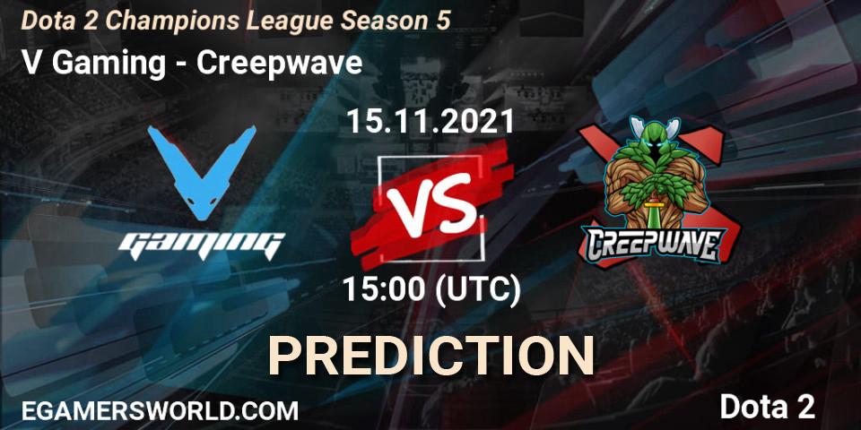 V Gaming проти Creepwave: Поради щодо ставок, прогнози на матчі. 15.11.2021 at 15:01. Dota 2, Dota 2 Champions League 2021 Season 5