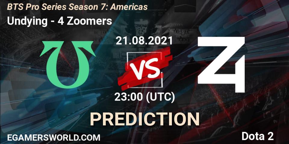 Undying проти 4 Zoomers: Поради щодо ставок, прогнози на матчі. 21.08.2021 at 20:05. Dota 2, BTS Pro Series Season 7: Americas