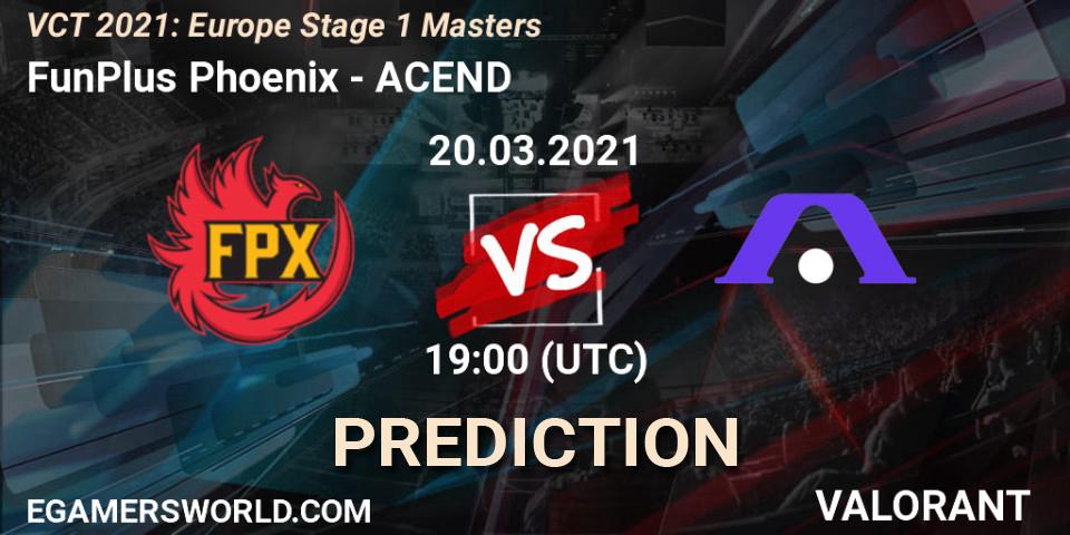 FunPlus Phoenix проти ACEND: Поради щодо ставок, прогнози на матчі. 20.03.2021 at 18:15. VALORANT, VCT 2021: Europe Stage 1 Masters