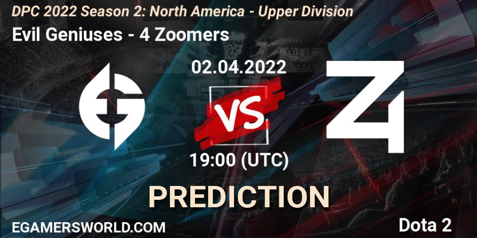 Evil Geniuses проти 4 Zoomers: Поради щодо ставок, прогнози на матчі. 02.04.2022 at 18:55. Dota 2, DPC 2021/2022 Tour 2 (Season 2): NA Division I (Upper) - ESL One Spring 2022