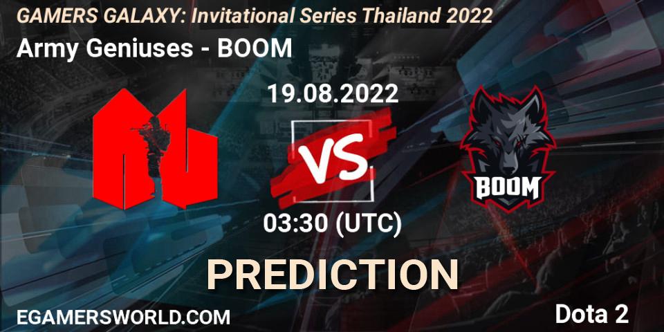Army Geniuses проти BOOM: Поради щодо ставок, прогнози на матчі. 19.08.2022 at 04:20. Dota 2, GAMERS GALAXY: Invitational Series Thailand 2022