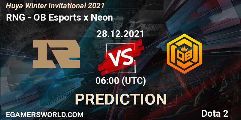 RNG проти OB Esports x Neon: Поради щодо ставок, прогнози на матчі. 28.12.2021 at 06:04. Dota 2, Huya Winter Invitational 2021