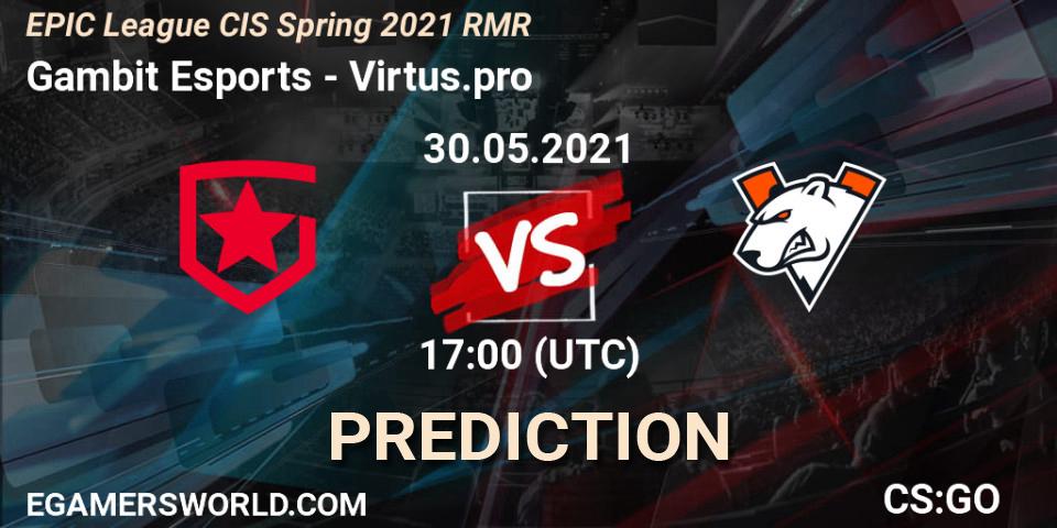 Gambit Esports проти Virtus.pro: Поради щодо ставок, прогнози на матчі. 30.05.2021 at 17:00. Counter-Strike (CS2), EPIC League CIS Spring 2021 RMR