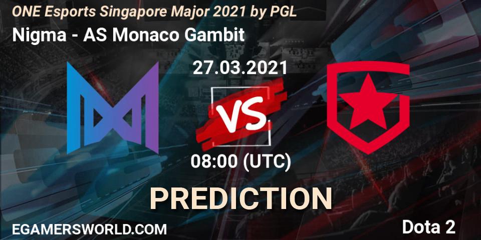 Nigma проти AS Monaco Gambit: Поради щодо ставок, прогнози на матчі. 27.03.2021 at 09:10. Dota 2, ONE Esports Singapore Major 2021