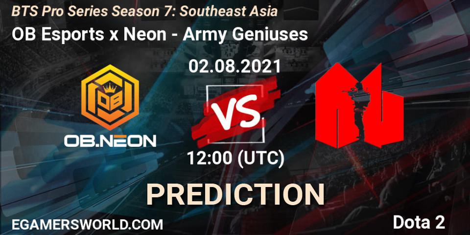 OB Esports x Neon проти Army Geniuses: Поради щодо ставок, прогнози на матчі. 09.08.2021 at 06:01. Dota 2, BTS Pro Series Season 7: Southeast Asia