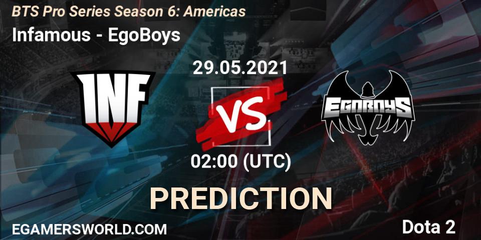Infamous проти EgoBoys: Поради щодо ставок, прогнози на матчі. 29.05.2021 at 03:18. Dota 2, BTS Pro Series Season 6: Americas