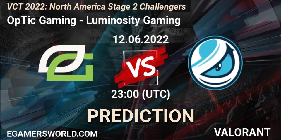 OpTic Gaming проти Luminosity Gaming: Поради щодо ставок, прогнози на матчі. 12.06.2022 at 22:05. VALORANT, VCT 2022: North America Stage 2 Challengers
