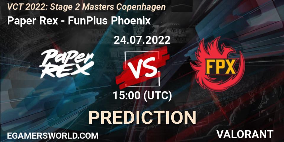 Paper Rex проти FunPlus Phoenix: Поради щодо ставок, прогнози на матчі. 24.07.2022 at 15:15. VALORANT, VCT 2022: Stage 2 Masters Copenhagen