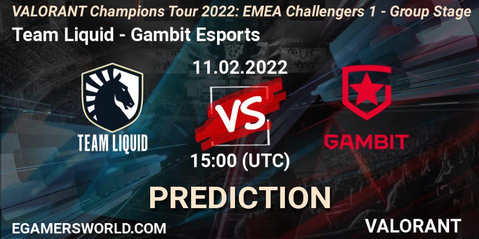 Team Liquid проти Gambit Esports: Поради щодо ставок, прогнози на матчі. 11.02.2022 at 15:00. VALORANT, VCT 2022: EMEA Challengers 1 - Group Stage