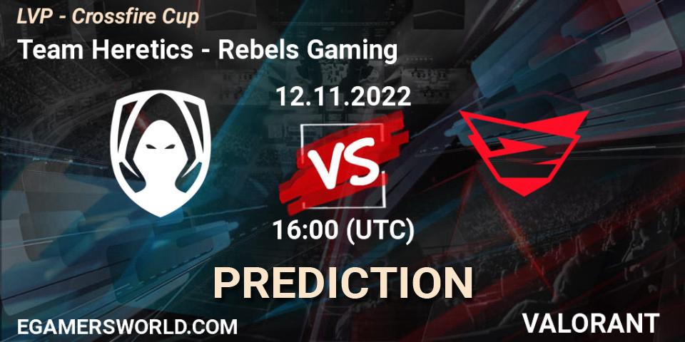 Team Heretics проти Rebels Gaming: Поради щодо ставок, прогнози на матчі. 12.11.2022 at 17:15. VALORANT, LVP - Crossfire Cup