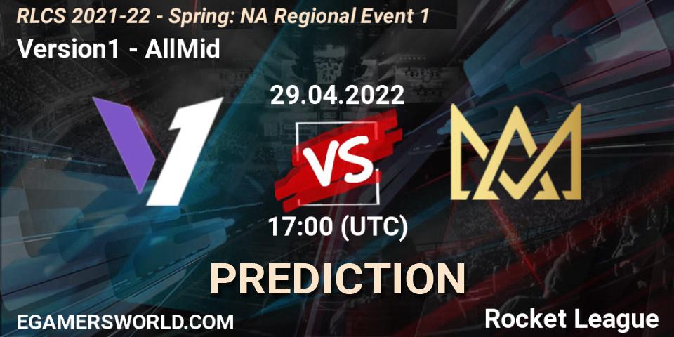 Version1 проти AllMid: Поради щодо ставок, прогнози на матчі. 29.04.2022 at 17:00. Rocket League, RLCS 2021-22 - Spring: NA Regional Event 1