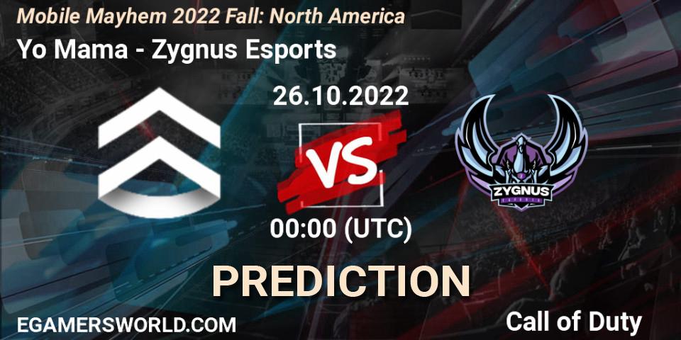 Yo Mama проти Zygnus Esports: Поради щодо ставок, прогнози на матчі. 26.10.2022 at 00:00. Call of Duty, Mobile Mayhem 2022 Fall: North America