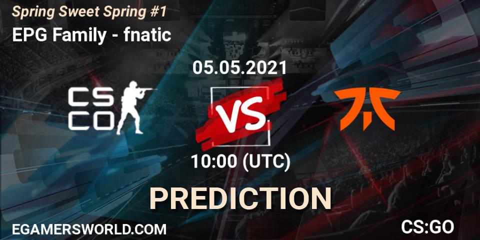 EPG Family проти fnatic: Поради щодо ставок, прогнози на матчі. 05.05.2021 at 10:00. Counter-Strike (CS2), Spring Sweet Spring #1