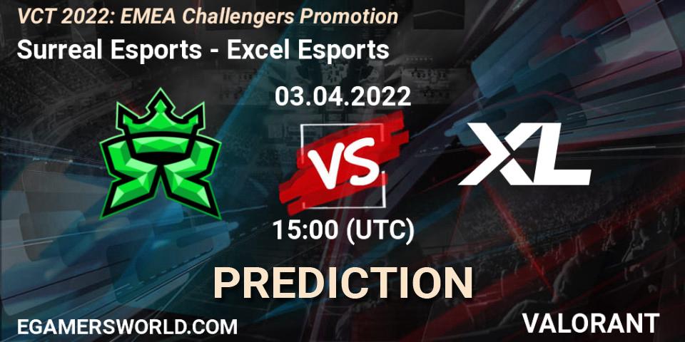 Surreal Esports проти Excel Esports: Поради щодо ставок, прогнози на матчі. 03.04.2022 at 15:00. VALORANT, VCT 2022: EMEA Challengers Promotion
