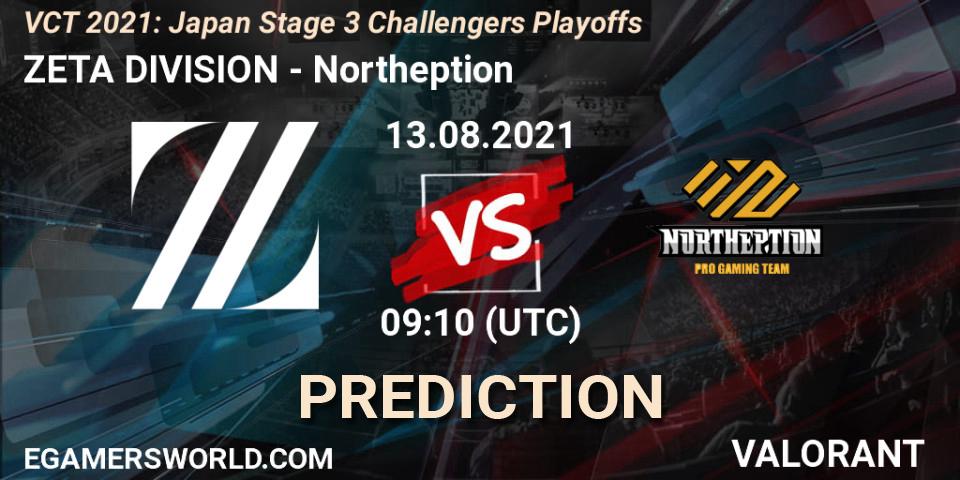 ZETA DIVISION проти Northeption: Поради щодо ставок, прогнози на матчі. 13.08.2021 at 09:10. VALORANT, VCT 2021: Japan Stage 3 Challengers Playoffs