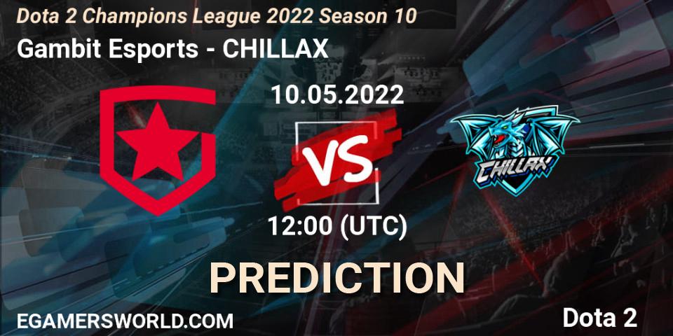 Gambit Esports проти CHILLAX: Поради щодо ставок, прогнози на матчі. 10.05.2022 at 12:00. Dota 2, Dota 2 Champions League 2022 Season 10 