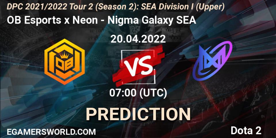 OB Esports x Neon проти Nigma Galaxy SEA: Поради щодо ставок, прогнози на матчі. 20.04.2022 at 07:01. Dota 2, DPC 2021/2022 Tour 2 (Season 2): SEA Division I (Upper)