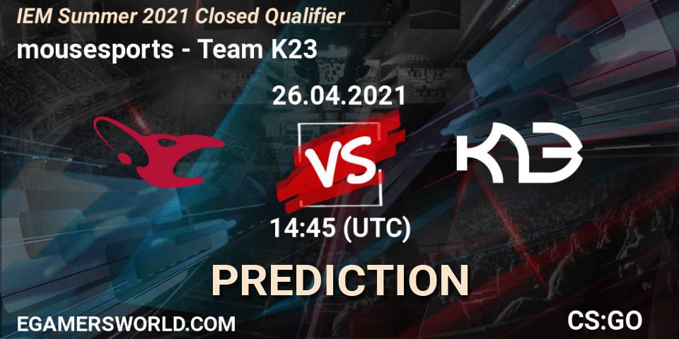 mousesports проти Team K23: Поради щодо ставок, прогнози на матчі. 26.04.2021 at 14:45. Counter-Strike (CS2), IEM Summer 2021 Closed Qualifier