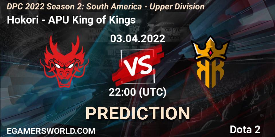 Hokori проти APU King of Kings: Поради щодо ставок, прогнози на матчі. 03.04.2022 at 22:00. Dota 2, DPC 2021/2022 Tour 2 (Season 2): SA Division I (Upper)