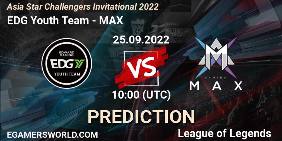 EDward Gaming Youth Team проти MAX: Поради щодо ставок, прогнози на матчі. 25.09.2022 at 10:00. LoL, Asia Star Challengers Invitational 2022