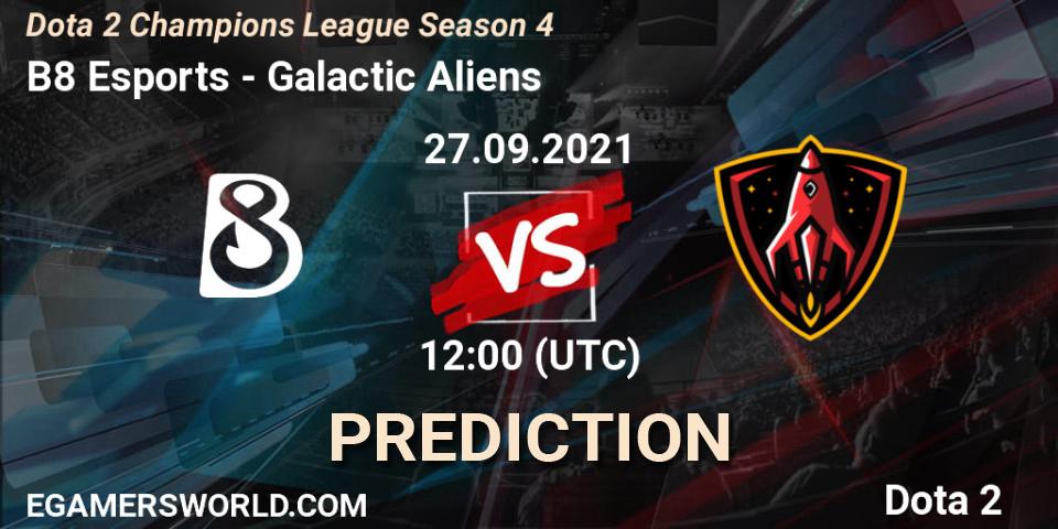 B8 Esports проти Galactic Aliens: Поради щодо ставок, прогнози на матчі. 27.09.2021 at 11:59. Dota 2, Dota 2 Champions League Season 4