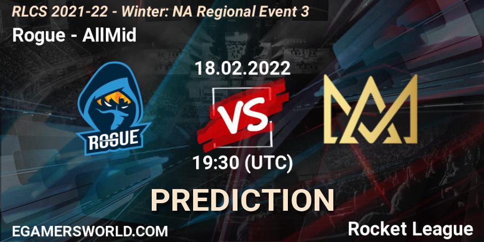 Rogue проти AllMid: Поради щодо ставок, прогнози на матчі. 18.02.2022 at 19:30. Rocket League, RLCS 2021-22 - Winter: NA Regional Event 3