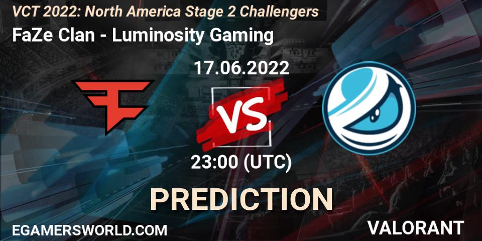 FaZe Clan проти Luminosity Gaming: Поради щодо ставок, прогнози на матчі. 17.06.2022 at 23:00. VALORANT, VCT 2022: North America Stage 2 Challengers