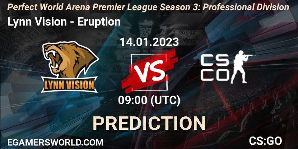 Lynn Vision проти Eruption: Поради щодо ставок, прогнози на матчі. 14.01.2023 at 09:00. Counter-Strike (CS2), Perfect World Arena Premier League Season 3: Professional Division