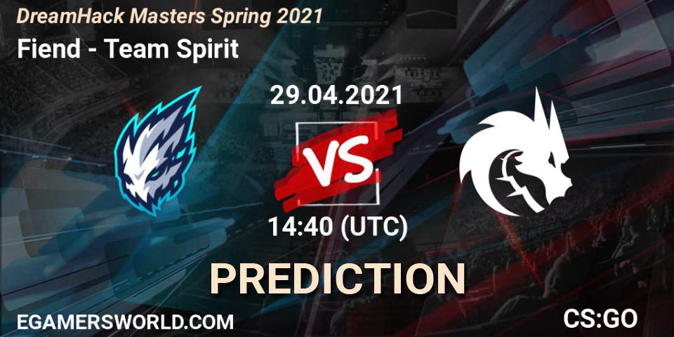 Fiend проти Team Spirit: Поради щодо ставок, прогнози на матчі. 29.04.2021 at 15:30. Counter-Strike (CS2), DreamHack Masters Spring 2021