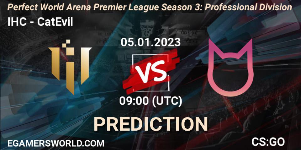 IHC проти CatEvil: Поради щодо ставок, прогнози на матчі. 05.01.2023 at 09:00. Counter-Strike (CS2), Perfect World Arena Premier League Season 3: Professional Division