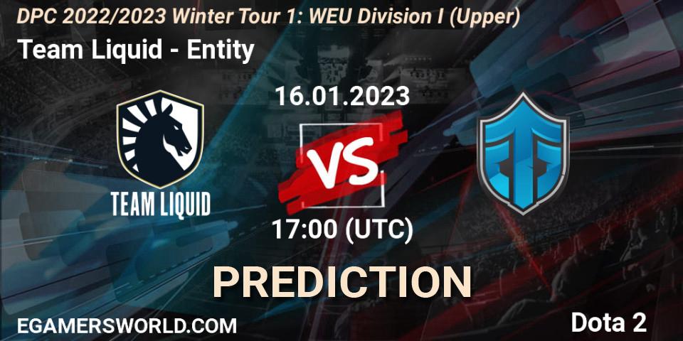 Team Liquid проти Entity: Поради щодо ставок, прогнози на матчі. 16.01.2023 at 16:55. Dota 2, DPC 2022/2023 Winter Tour 1: WEU Division I (Upper)