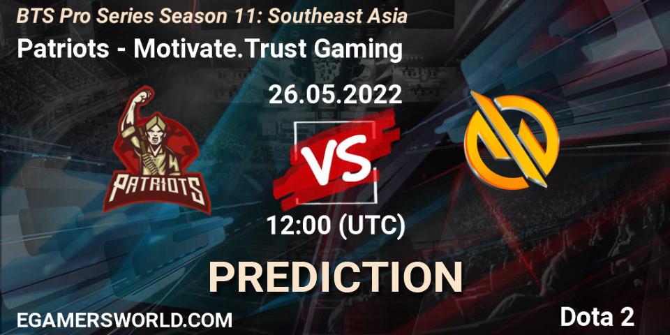 Patriots проти Motivate.Trust Gaming: Поради щодо ставок, прогнози на матчі. 26.05.2022 at 11:18. Dota 2, BTS Pro Series Season 11: Southeast Asia