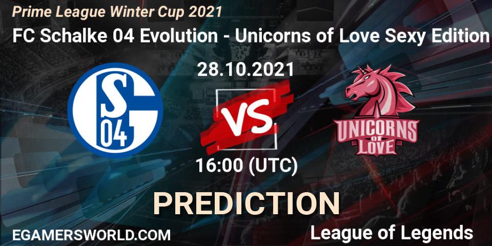 FC Schalke 04 Evolution проти Unicorns of Love Sexy Edition: Поради щодо ставок, прогнози на матчі. 28.10.2021 at 16:00. LoL, Prime League Winter Cup 2021