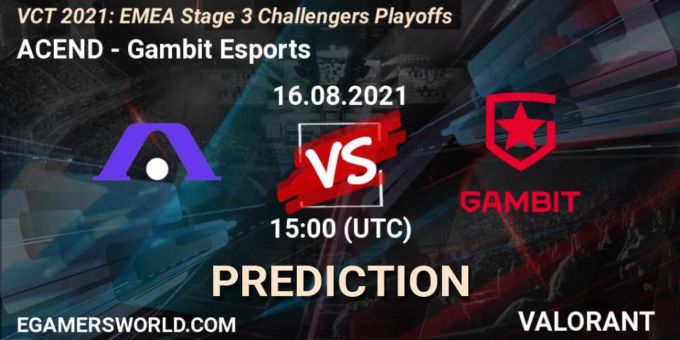 ACEND проти Gambit Esports: Поради щодо ставок, прогнози на матчі. 16.08.2021 at 15:00. VALORANT, VCT 2021: EMEA Stage 3 Challengers Playoffs